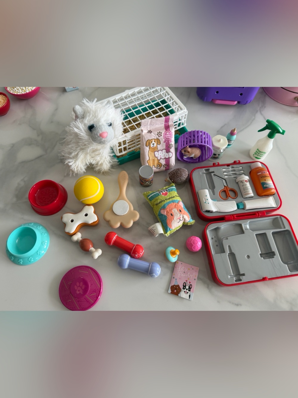Kids Toy Pet Care Set with White Plush Kitten and Colorful Accessories